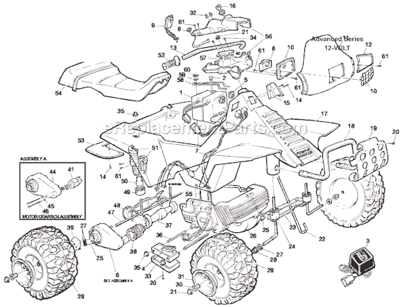 Page A Diagram and Parts List for 74596-9993  Power Wheels Ride-On ATVs